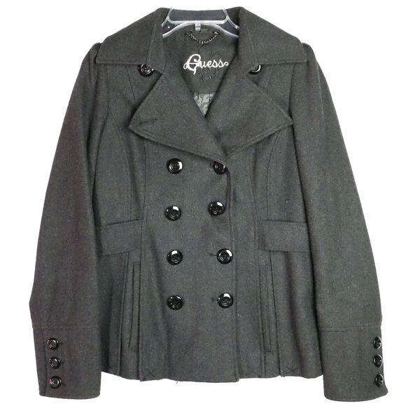 Guess Womens Size M Dark Gray Wool Blend Lined Short Collared Fitted Pea Coat - Picture 1 of 13
